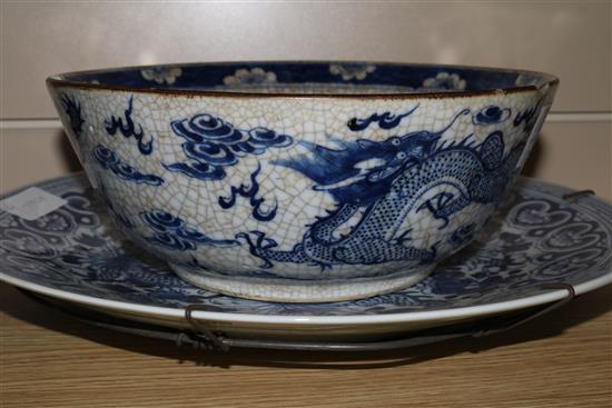 A Chinese blue and white dragon dish and a blue and white crackle glaze bowl, 19th century 37 & 26cm.